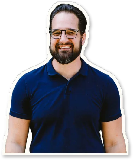 Ich, ausgeschnitten wie ein Sticker, lache offen in die Kamera, mit Brille.