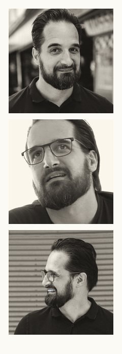 Fotostreifen aus dem Fotoautomaten in Schwarzweiß: Ich schmunzle mit schräg gelegtem Kopf in die Kamera, ich schaue mit Brille nachdenklich nach oben, ich lache im Profil über etwas neben mir.